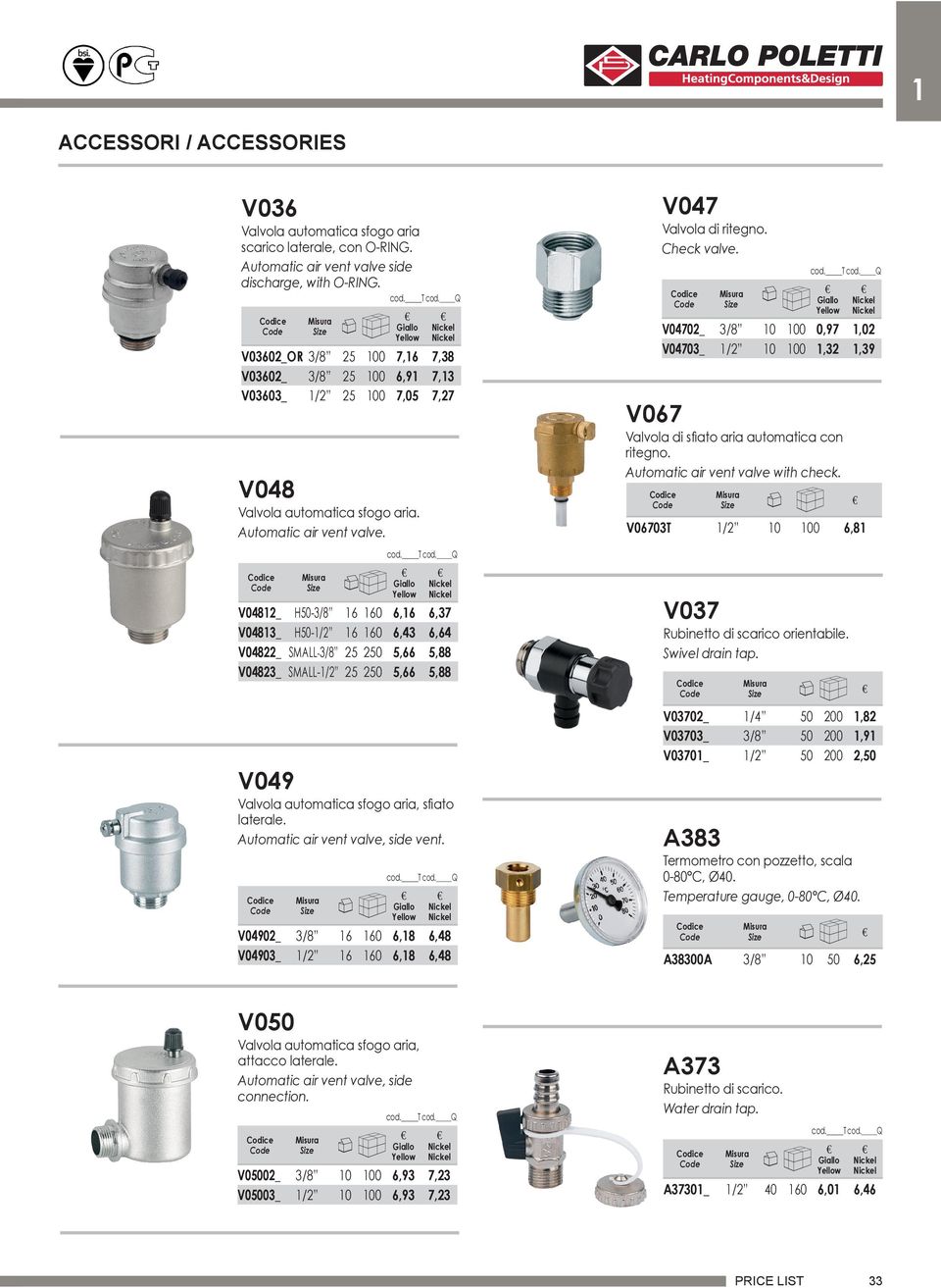 V04812_ H50-3/8 16 160 6,16 6,37 V04813_ H50-1/2 16 160 6,43 6,64 V04822_ SMALL-3/8 25 250 5,66 5,88 V04823_ SMALL-1/2 25 250 5,66 5,88 V049 Valvola automatica sfogo aria, sfiato laterale.