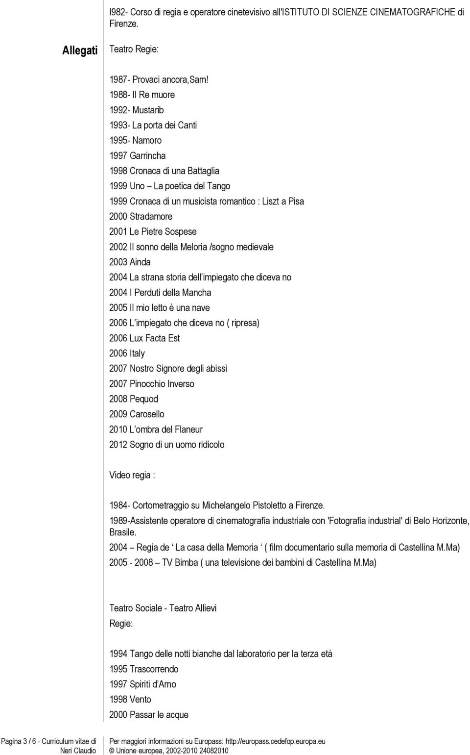 2000 Stradamore 2001 Le Pietre Sospese 2002 Il sonno della Meloria /sogno medievale 2003 Ainda 2004 La strana storia dell impiegato che diceva no 2004 I Perduti della Mancha 2005 Il mio letto è una