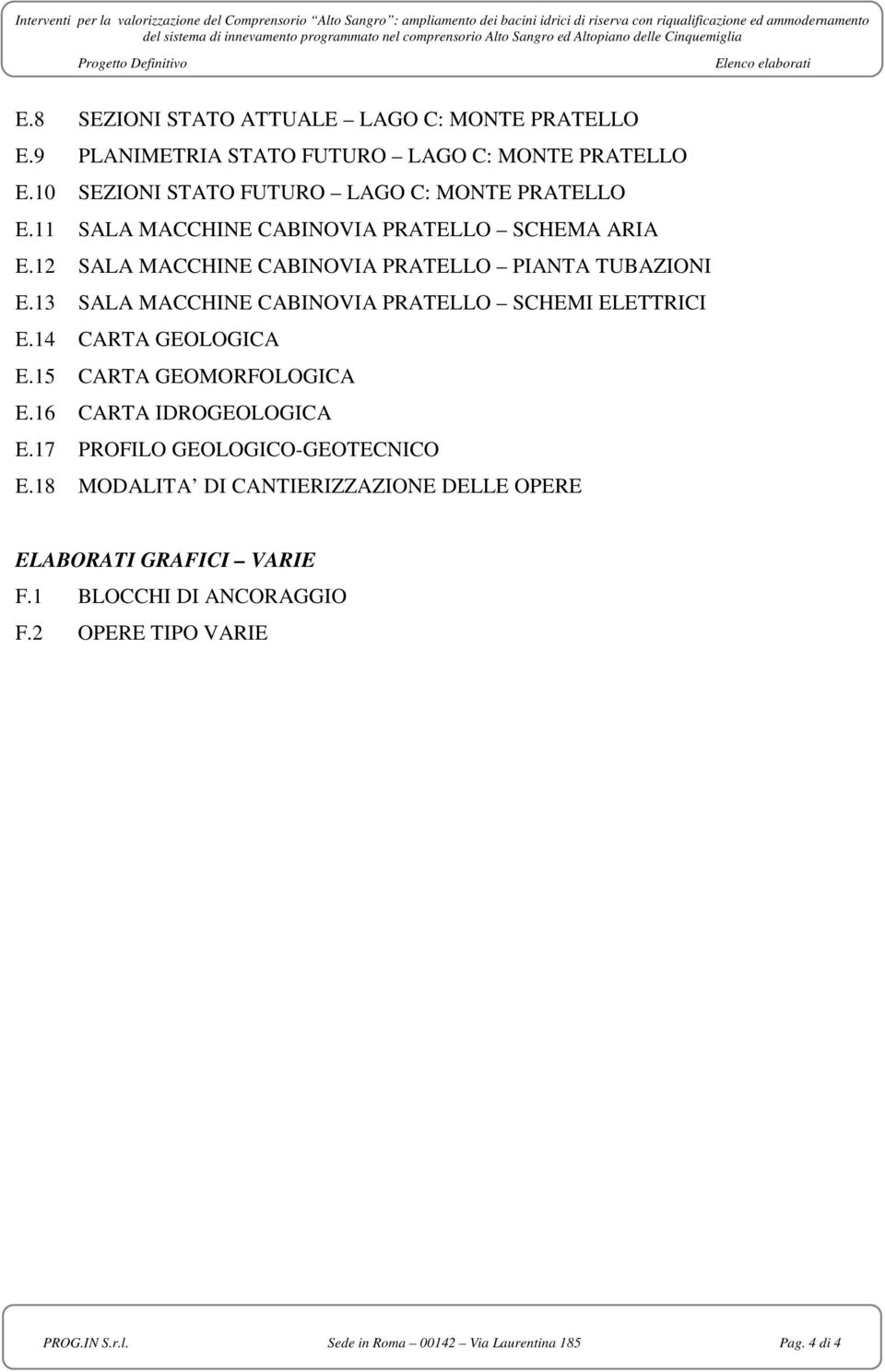 12 SALA MACCHINE CABINOVIA PRATELLO PIANTA TUBAZIONI E.13 SALA MACCHINE CABINOVIA PRATELLO SCHEMI ELETTRICI E.14 CARTA GEOLOGICA E.
