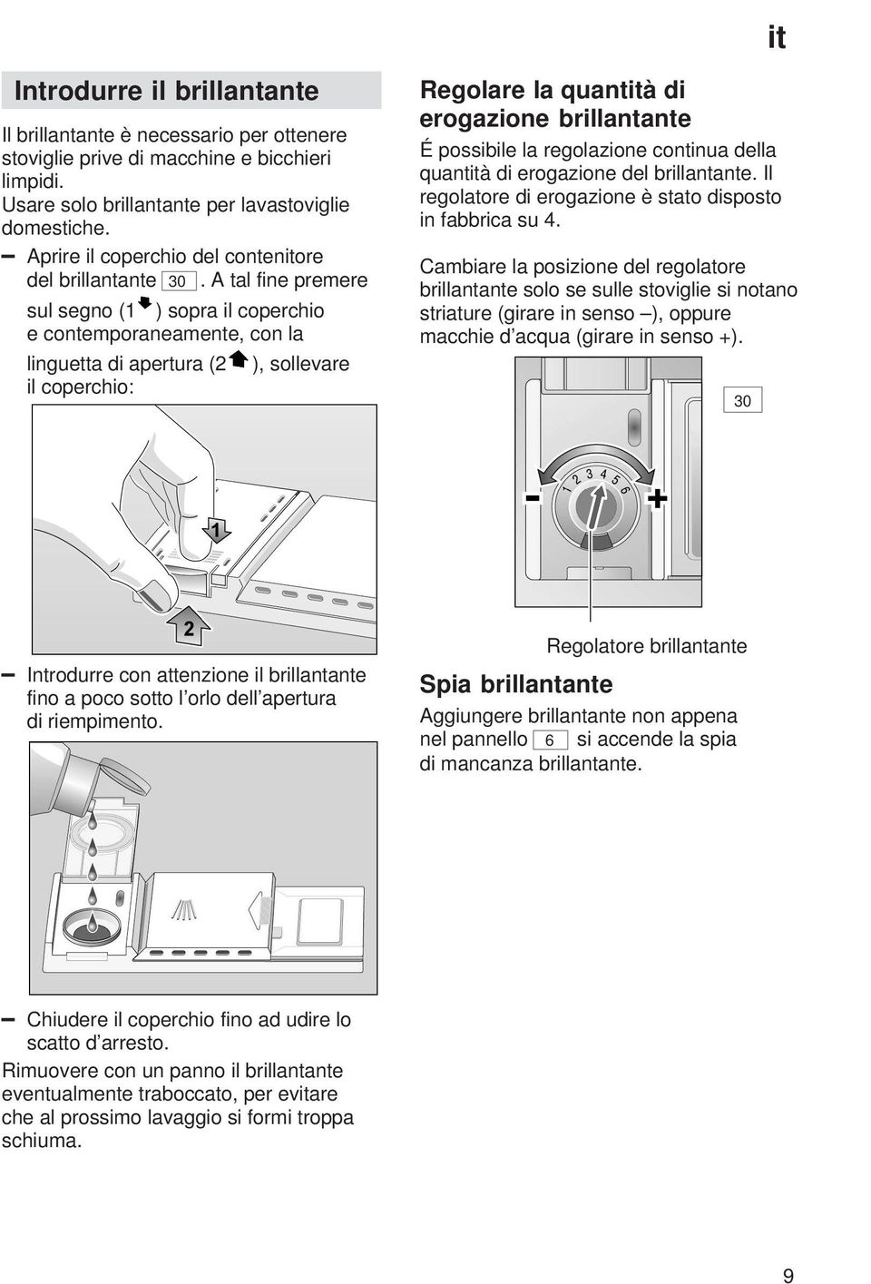 A tal fine premere sul segno (1 ) sopra il coperchio e contemporaneamente, con la linguetta di apertura (2 il coperchio: ), sollevare Regolare la quantità di erogazione brillantante É possibile la