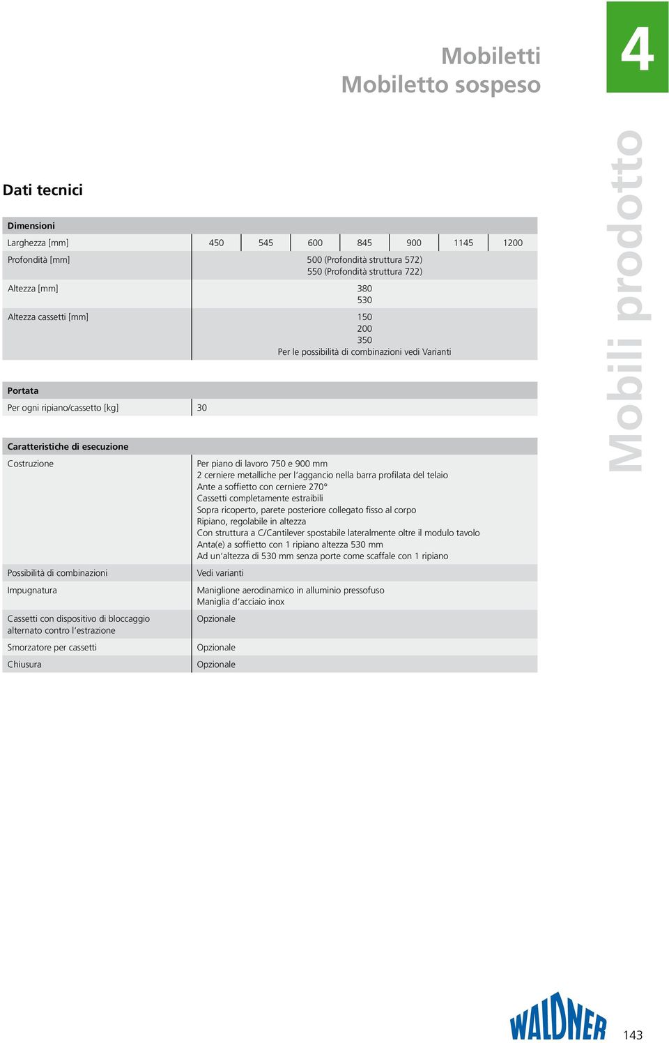 Impugnatura Cassetti con dispositivo di bloccaggio alternato contro l estrazione Smorzatore per cassetti Chiusura Per piano di lavoro 750 e 900 mm 2 cerniere metalliche per l aggancio nella barra