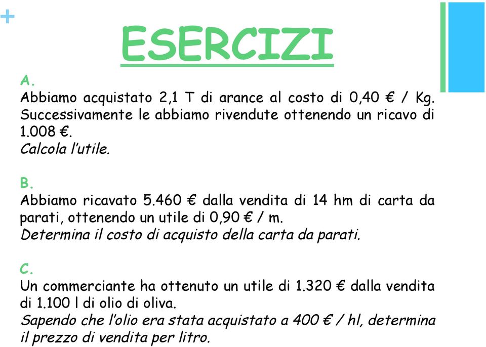 460 dalla vendita di 14 hm di carta da parati, ottenendo un utile di 0,90 / m.