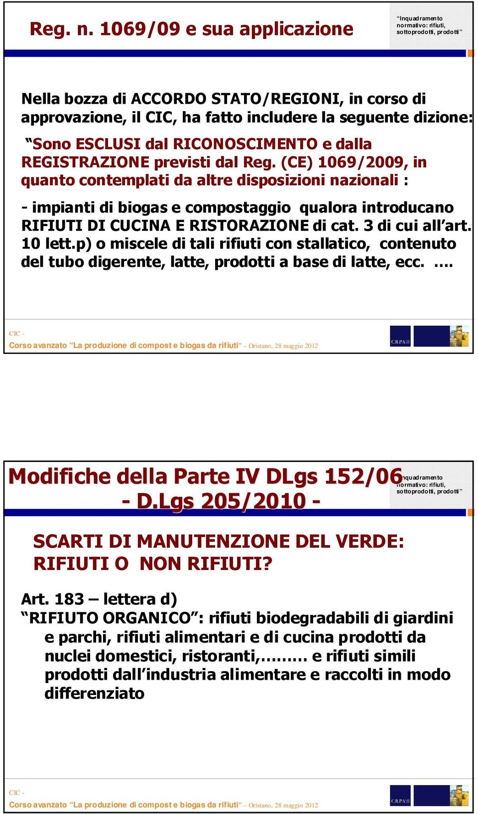 previsti dal Reg.(CE) 1069/2009, in quanto contemplati da altre disposizioni nazionali: -impianti di biogas e compostaggio qualora introducano RIFIUTI DI CUCINA E RISTORAZIONE di cat.