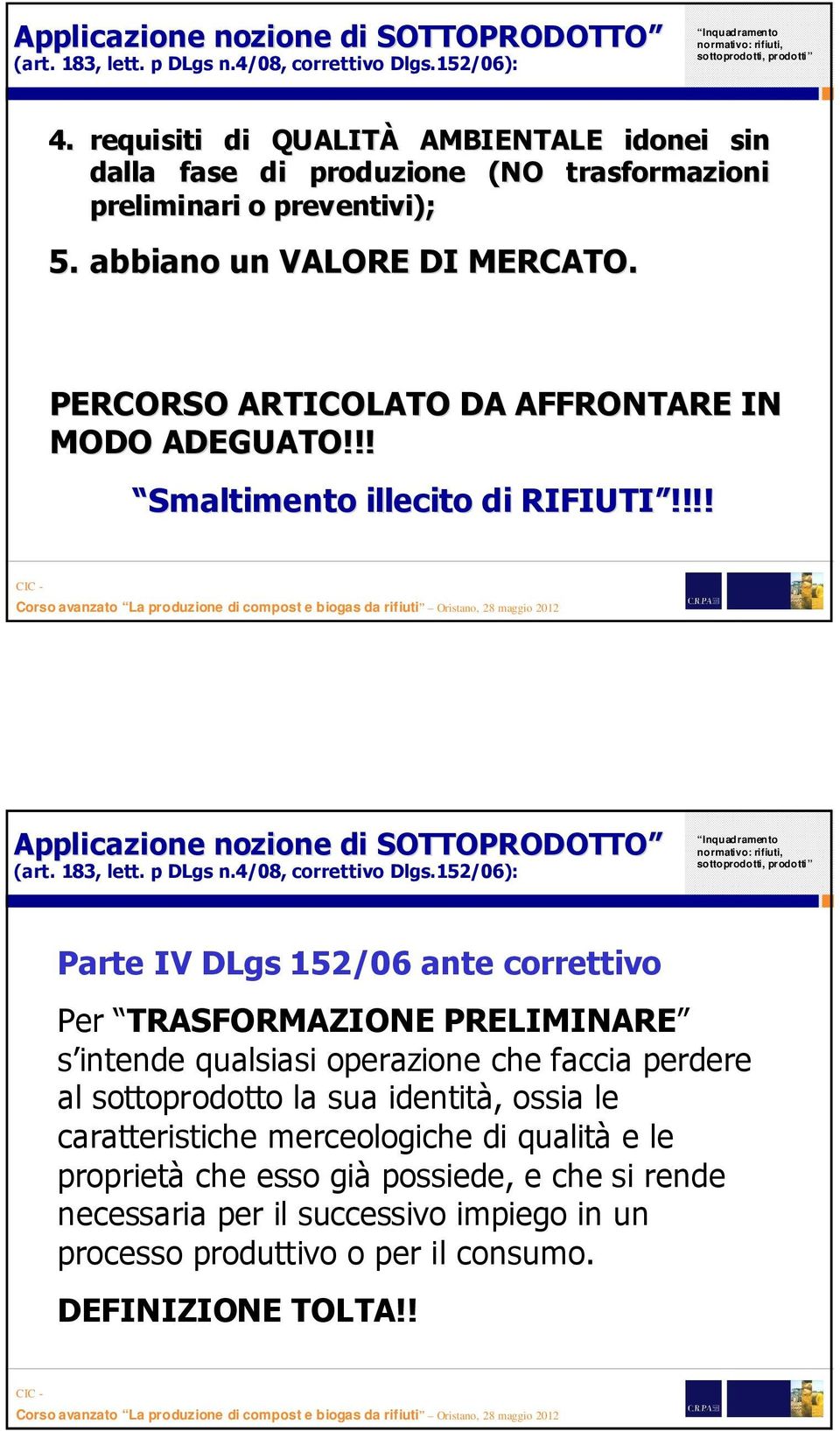 !! Smaltimento illecito di RIFIUTI!!!! Applicazione nozione di SOTTOPRODOTTO Applicazione nozione di SOTTOPRODOTTO (art. 183, lett. p DLgs n.4/08, correttivo Dlgs.