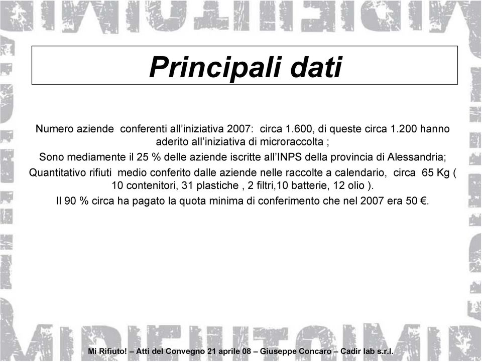 provincia di Alessandria; Quantitativo rifiuti medio conferito dalle aziende nelle raccolte a calendario, circa 65