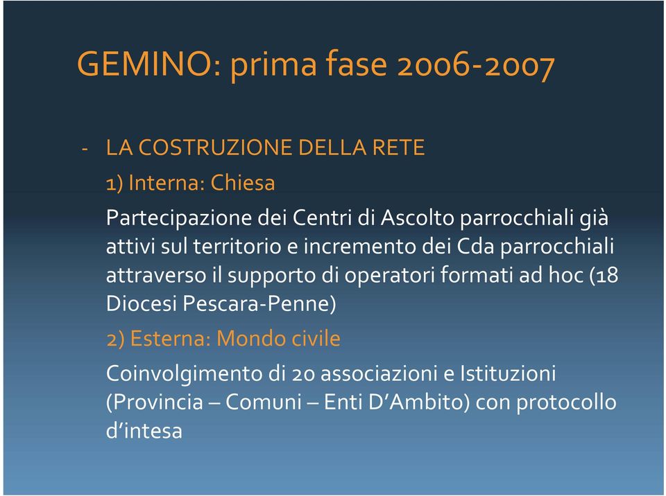 attraverso il supporto di operatori formati ad hoc (18 Diocesi Pescara Penne) 2) Esterna: Mondo