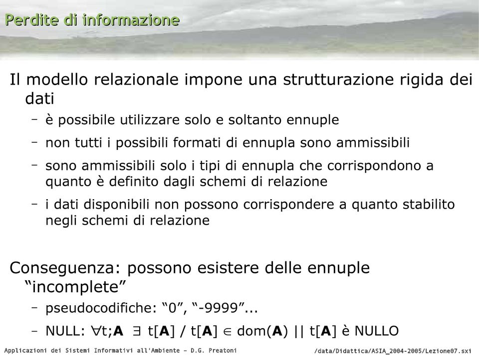 quanto è definito dagli schemi di relazione i dati disponibili non possono corrispondere a quanto stabilito negli schemi di