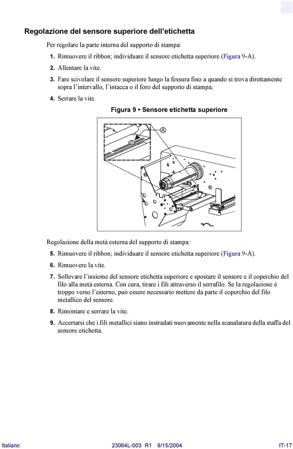 Figura 9 Sensore etichetta superiore Regolazione della metà esterna del supporto di stampa: 5. Rimuovere il ribbon; individuare il sensore etichetta superiore (Figura 9-A). 6. Rimuovere la vite. 7.