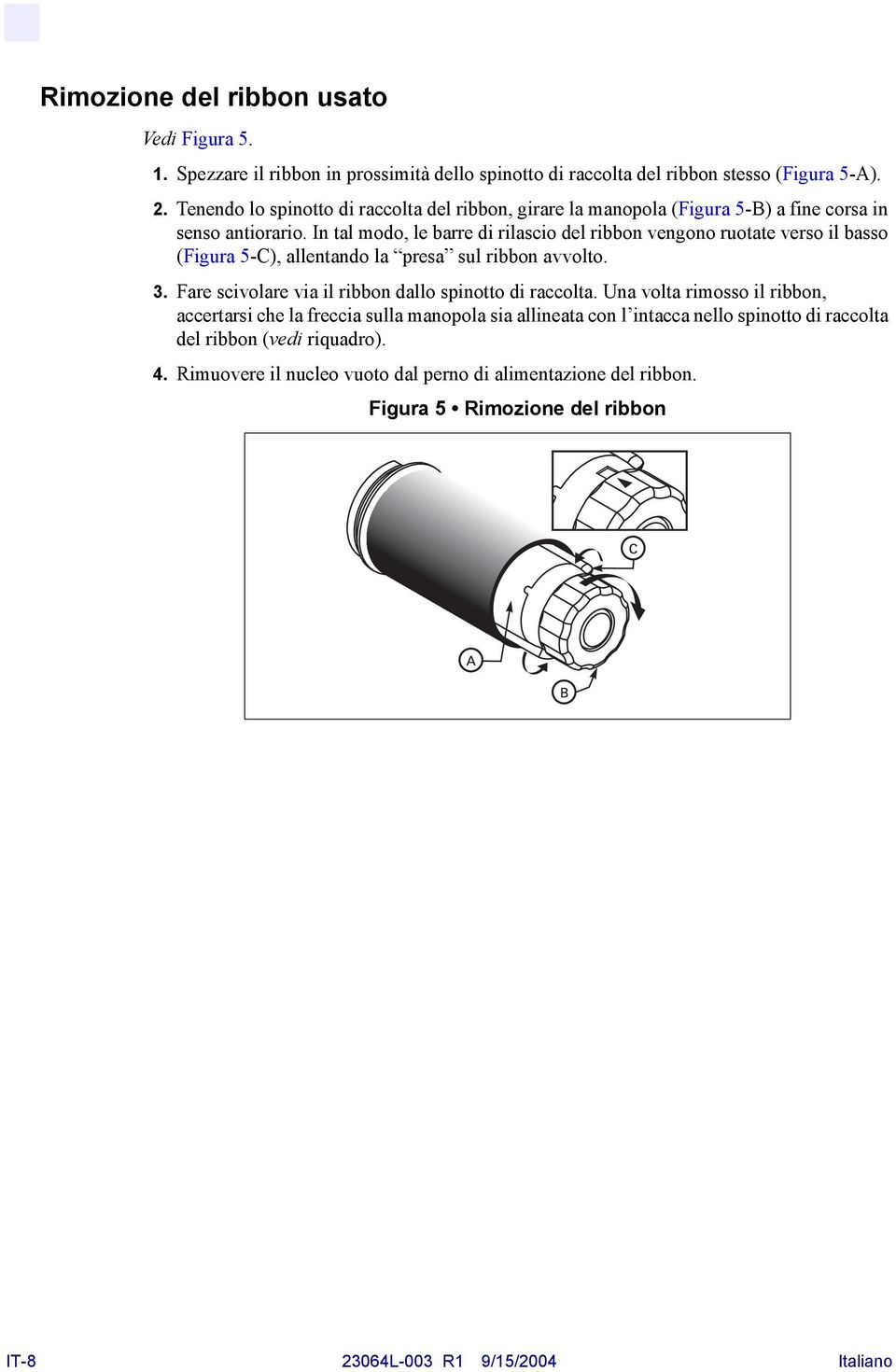 In tal modo, le barre di rilascio del ribbon vengono ruotate verso il basso (Figura 5-C), allentando la presa sul ribbon avvolto. 3.