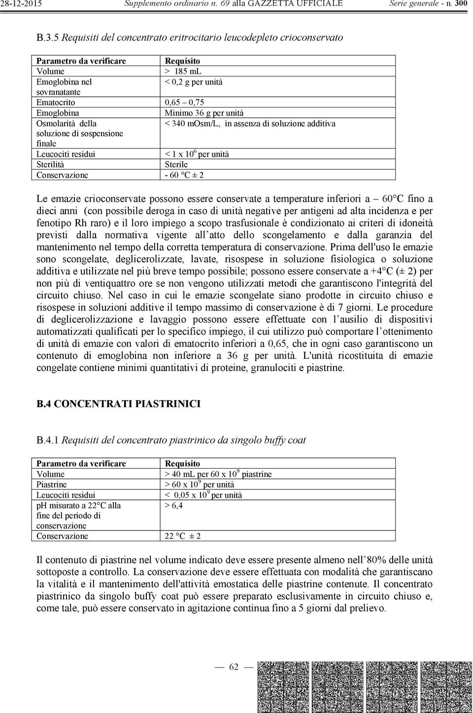 temperature inferiori a 60 C fino a dieci anni (con possibile deroga in caso di unità negative per antigeni ad alta incidenza e per fenotipo Rh raro) e il loro impiego a scopo trasfusionale è