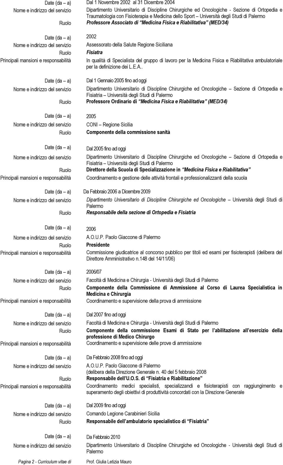 fino ad oggi Dipartimento Universitario di Discipline Chirurgiche ed Oncologiche Sezione di Ortopedia e Fisiatria Professore Ordinario di (MED/34) 2005 CONI Regione Sicilia Componente della