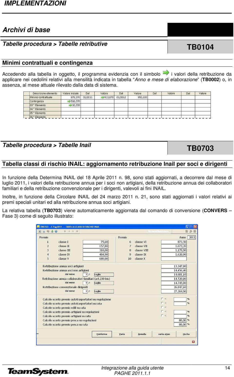 Tabelle procedura > Tabelle Inail TB0703 Tabella classi di rischio INAIL: aggiornamento retribuzione Inail per soci e dirigenti In funzione della Determina INAIL del 18 Aprile 2011 n.
