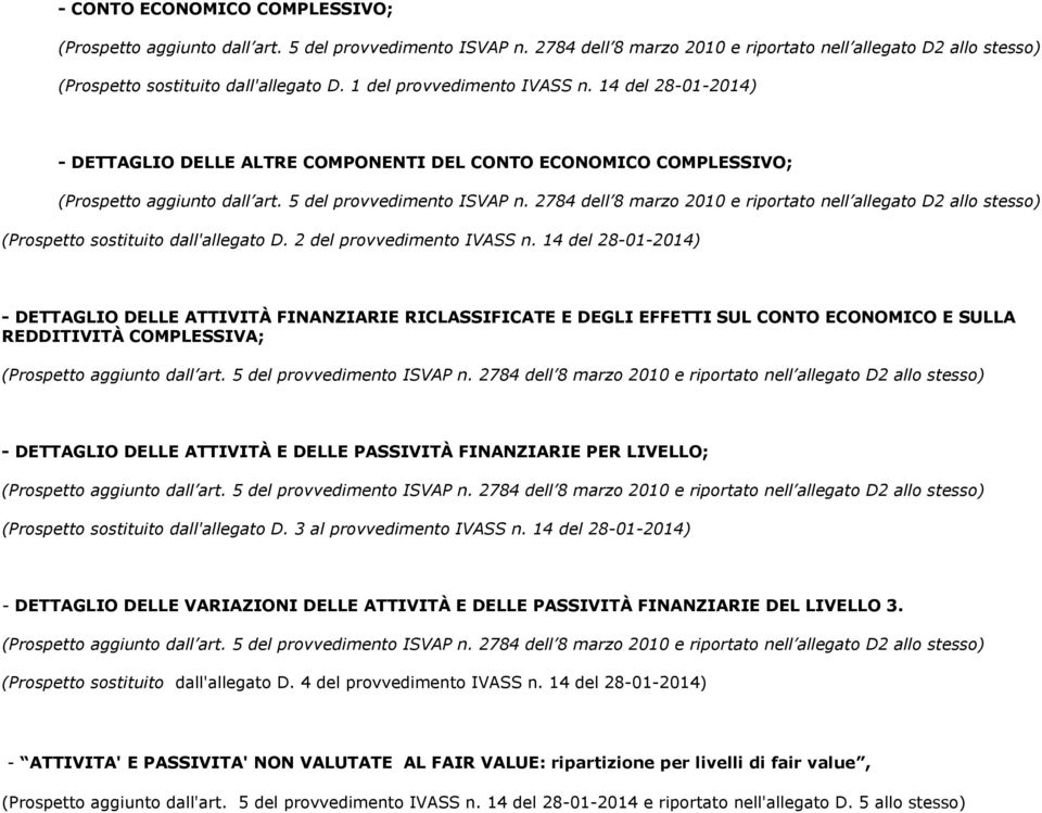 2784 dell 8 marzo 2010 e riportato nell allegato D2 allo stesso) (Prospetto sostituito dall'allegato D. 2 del provvedimento IVASS n.