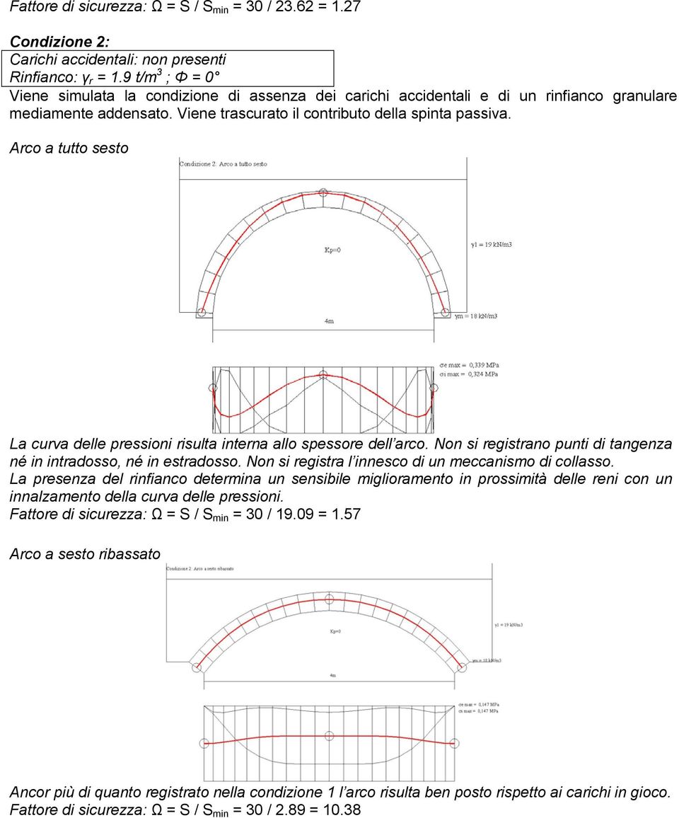 Arco a tutto sesto La curva delle pressioni risulta interna allo spessore dell arco. Non si registrano punti di tangenza né in intradosso, né in estradosso.
