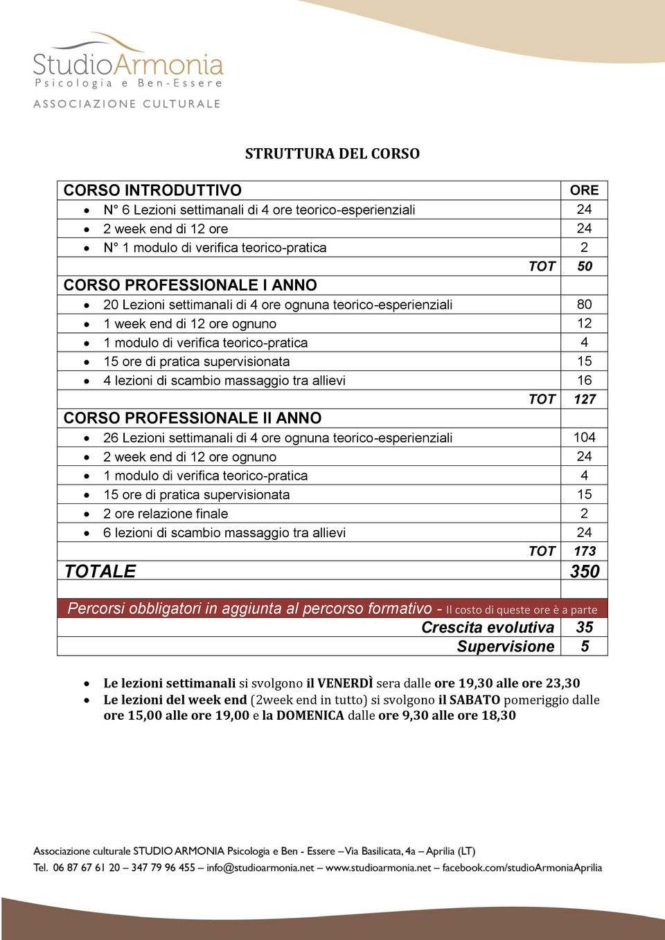 massaggio tra allievi 16 TOT 127 CORSO PROFESSIONALE II ANNO 26 Lezioni settimanali di 4 ore ognuna teorico-esperienziali 104 2 week end di 12 ore ognuno 24 1 modulo di verifica teorico-pratica 4 15