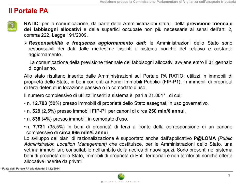 Responsabilità e frequenza aggiornamento dati: le Amministrazioni dello Stato sono responsabili dei dati dalle medesime inseriti a sistema nonché del relativo e costante aggiornamento.