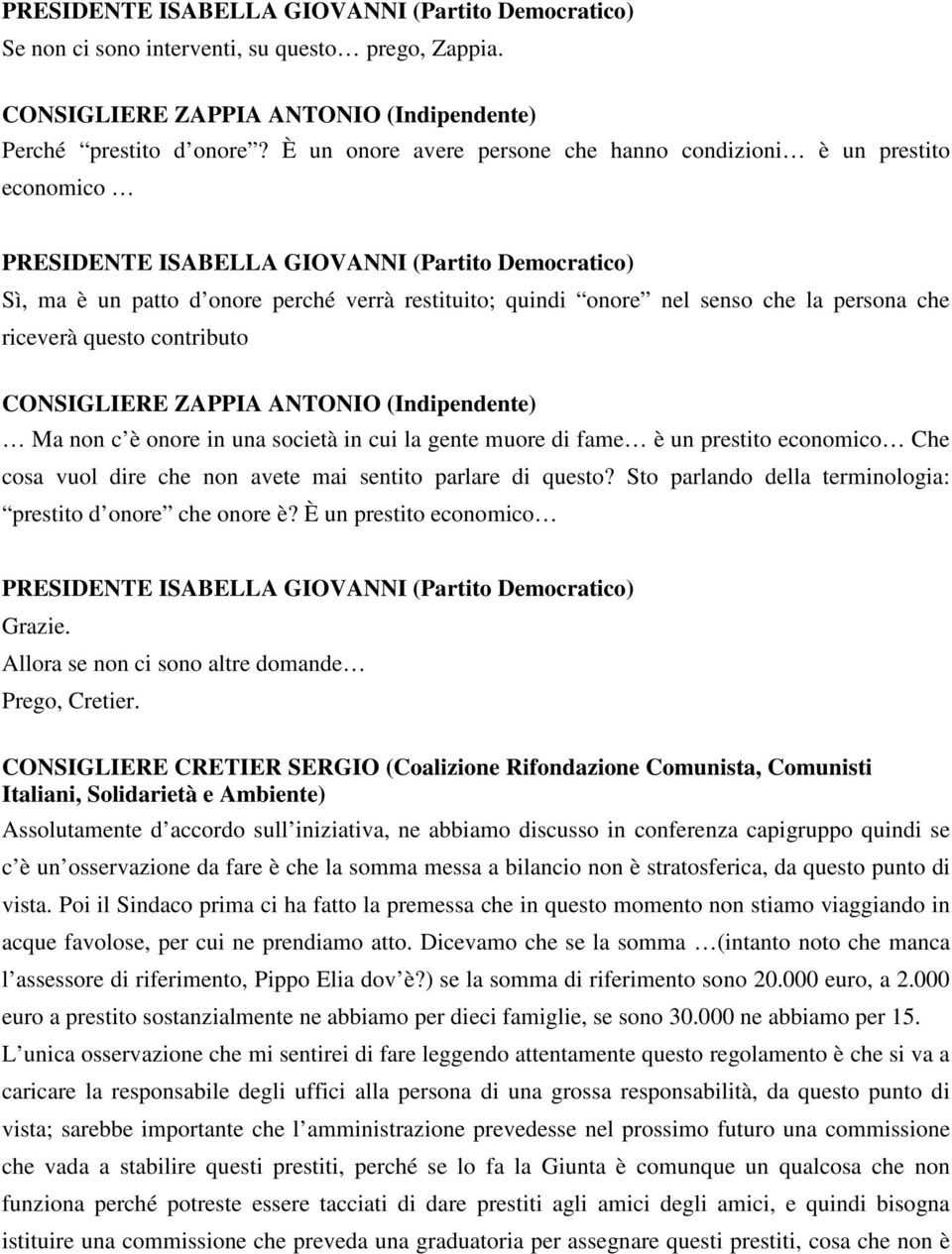 CONSIGLIERE ZAPPIA ANTONIO (Indipendente) Ma non c è onore in una società in cui la gente muore di fame è un prestito economico Che cosa vuol dire che non avete mai sentito parlare di questo?