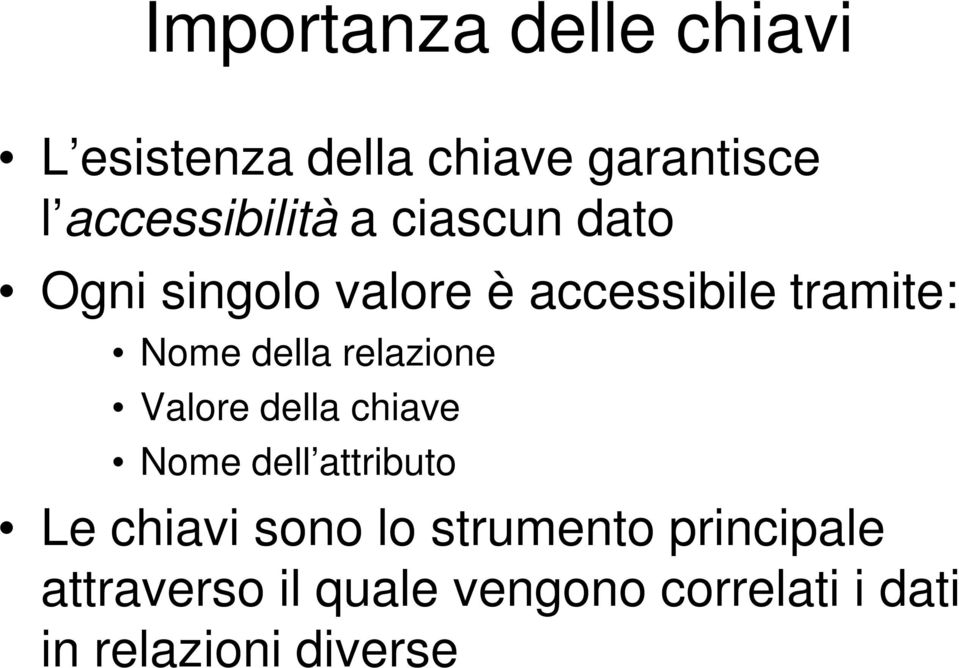 Nome della relazione Valore della chiave Nome dell attributo Le chiavi