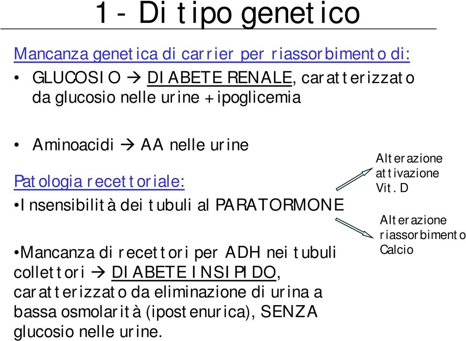 PARATORMONE Mancanza di recettori per ADH nei tubuli collettori DIABETE INSIPIDO, caratterizzato da eliminazione di