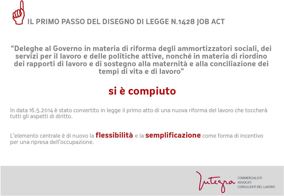 materia di riordino dei rapporti di lavoro e di sostegno alla maternità e alla conciliazione dei tempi di vita e di lavoro si è compiuto In data