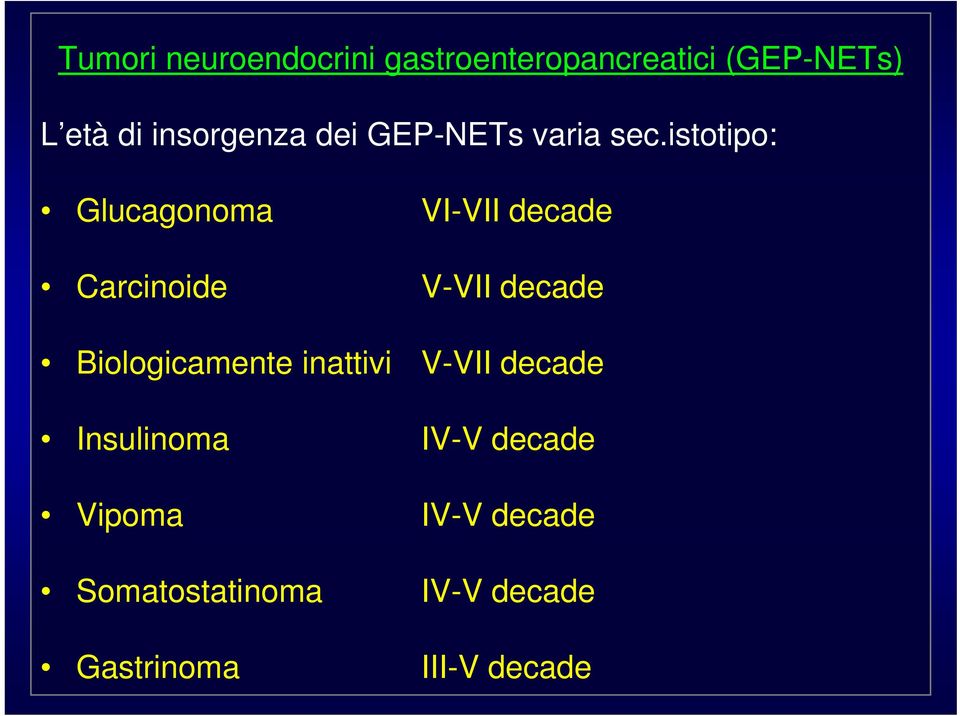 istotipo: Glucagonoma VI-VII decade Carcinoide V-VII decade