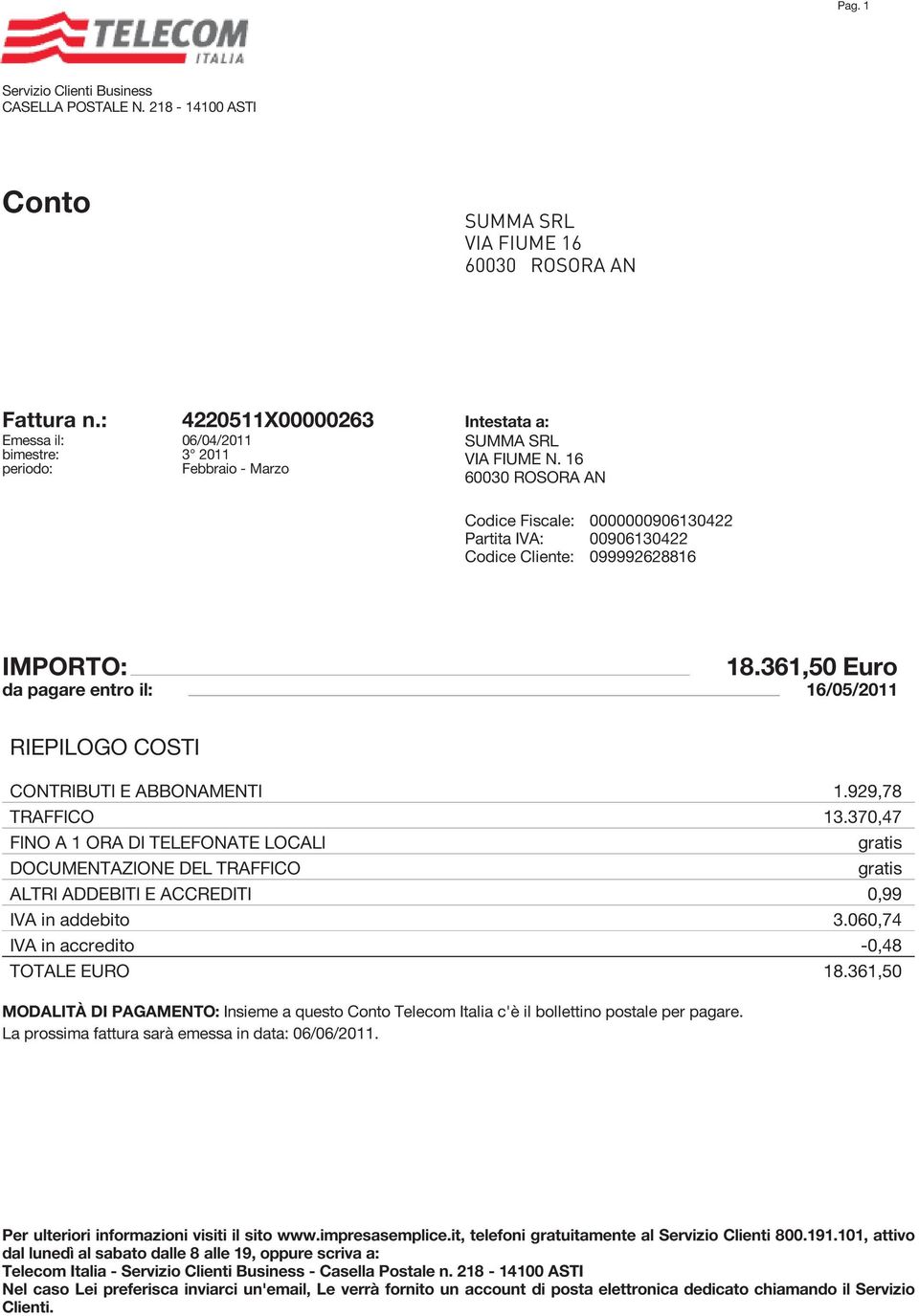 361,50 Euro da pagare entro il: 16/05/2011 RIEPILOGO COSTI CONTRIBUTI E ABBONAMENTI 1.929,78 TRAFFICO 13.