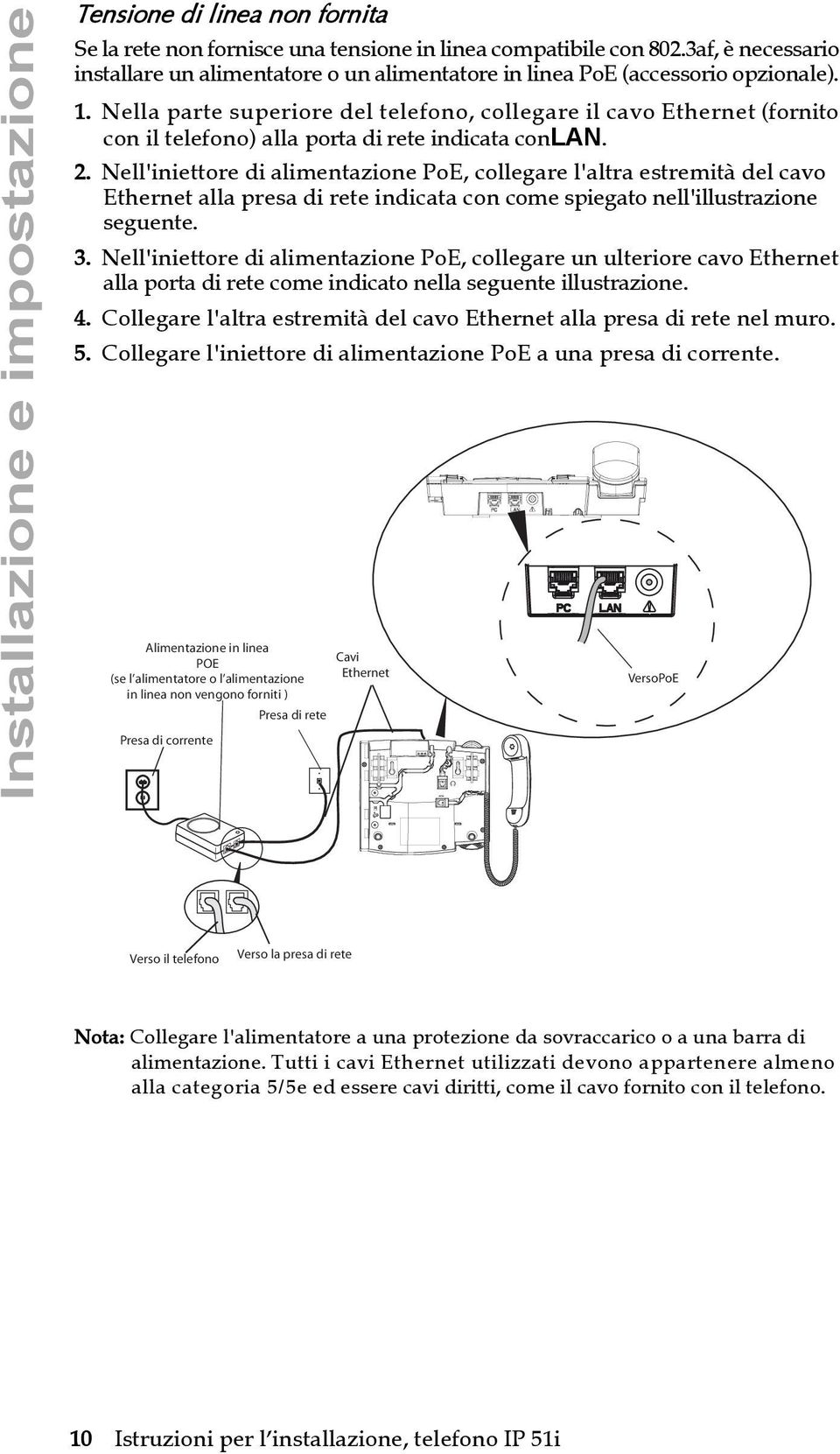 Nella parte superiore del telefono, collegare il cavo Ethernet (fornito con il telefono) alla porta di rete indicata conlan. 2.