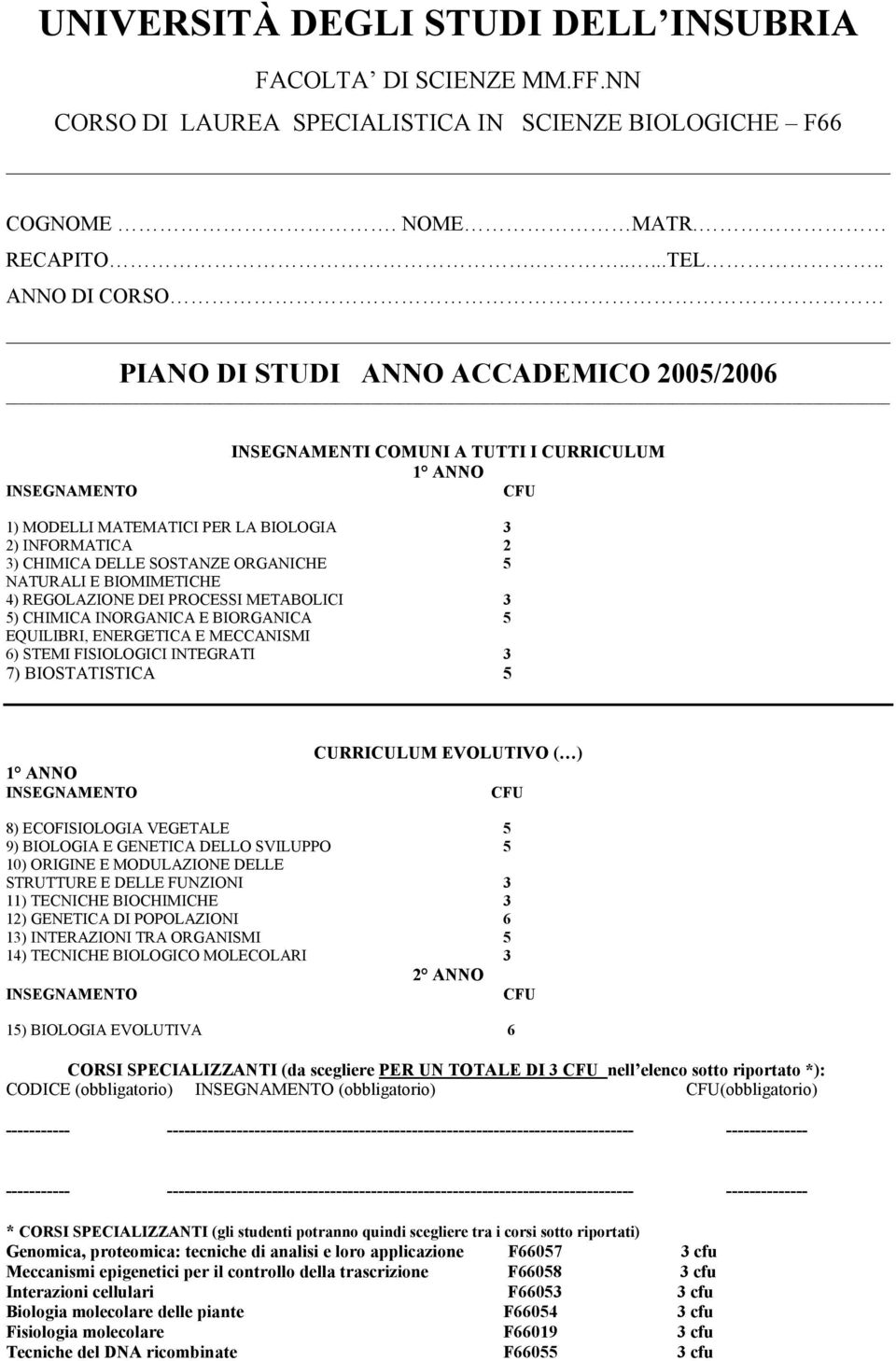 NATURALI E BIOMIMETICHE 4) REGOLAZIONE DEI PROCESSI METABOLICI 3 5) CHIMICA INORGANICA E BIORGANICA 5 EQUILIBRI, ENERGETICA E MECCANISMI 6) STEMI FISIOLOGICI INTEGRATI 3 7) BIOSTATISTICA 5 CURRICULUM