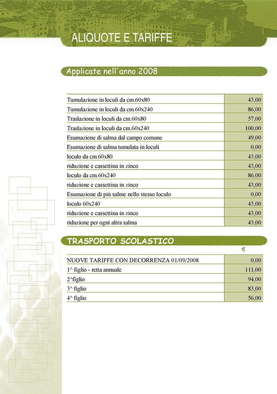 60x80 43,00 riduzione e cassettina in zinco 43,00 loculo da cm.