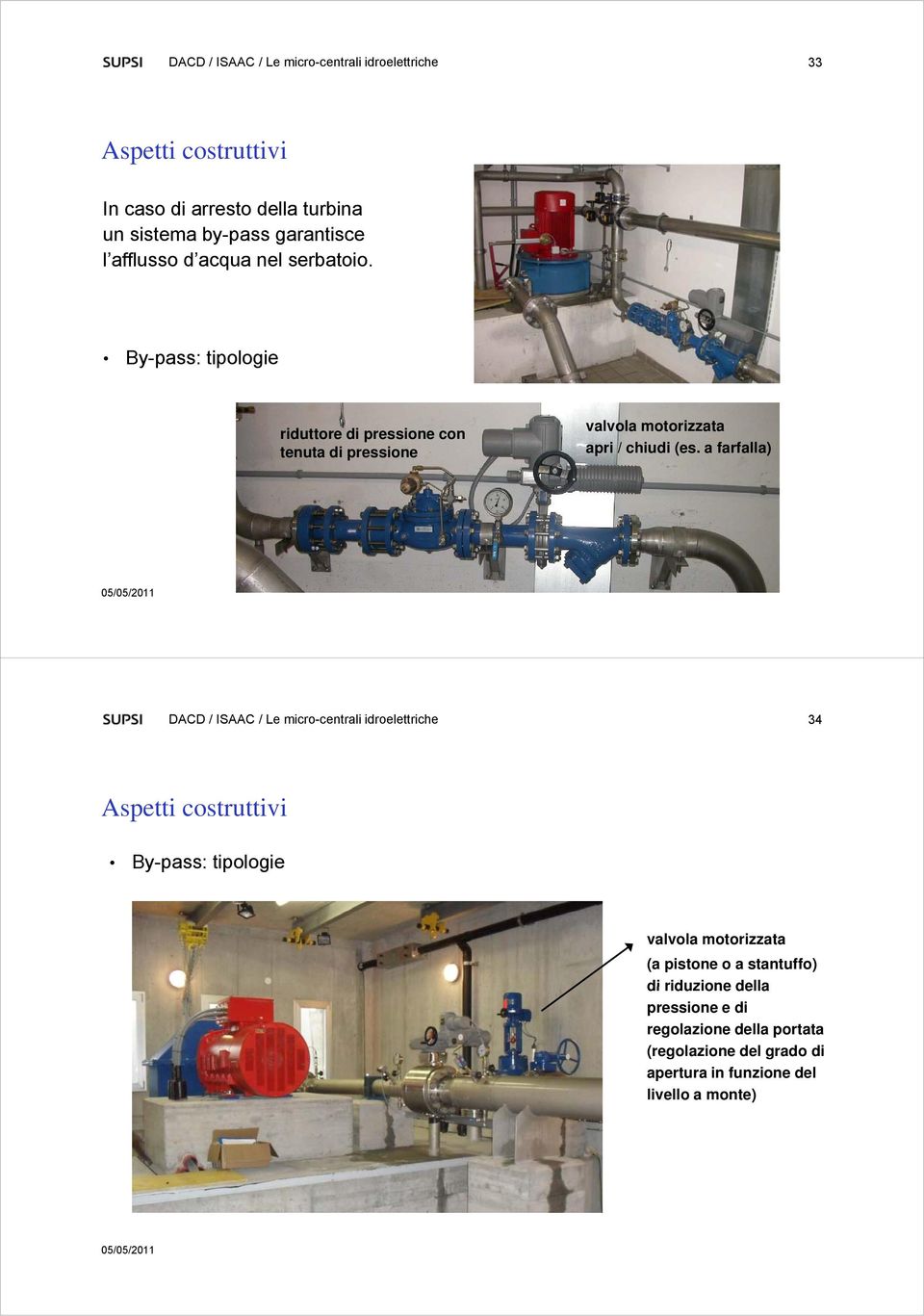 a farfalla) DACD / ISAAC / Le micro-centrali idroelettriche 34 Aspetti costruttivi By-pass: tipologie valvola motorizzata (a pistone o a