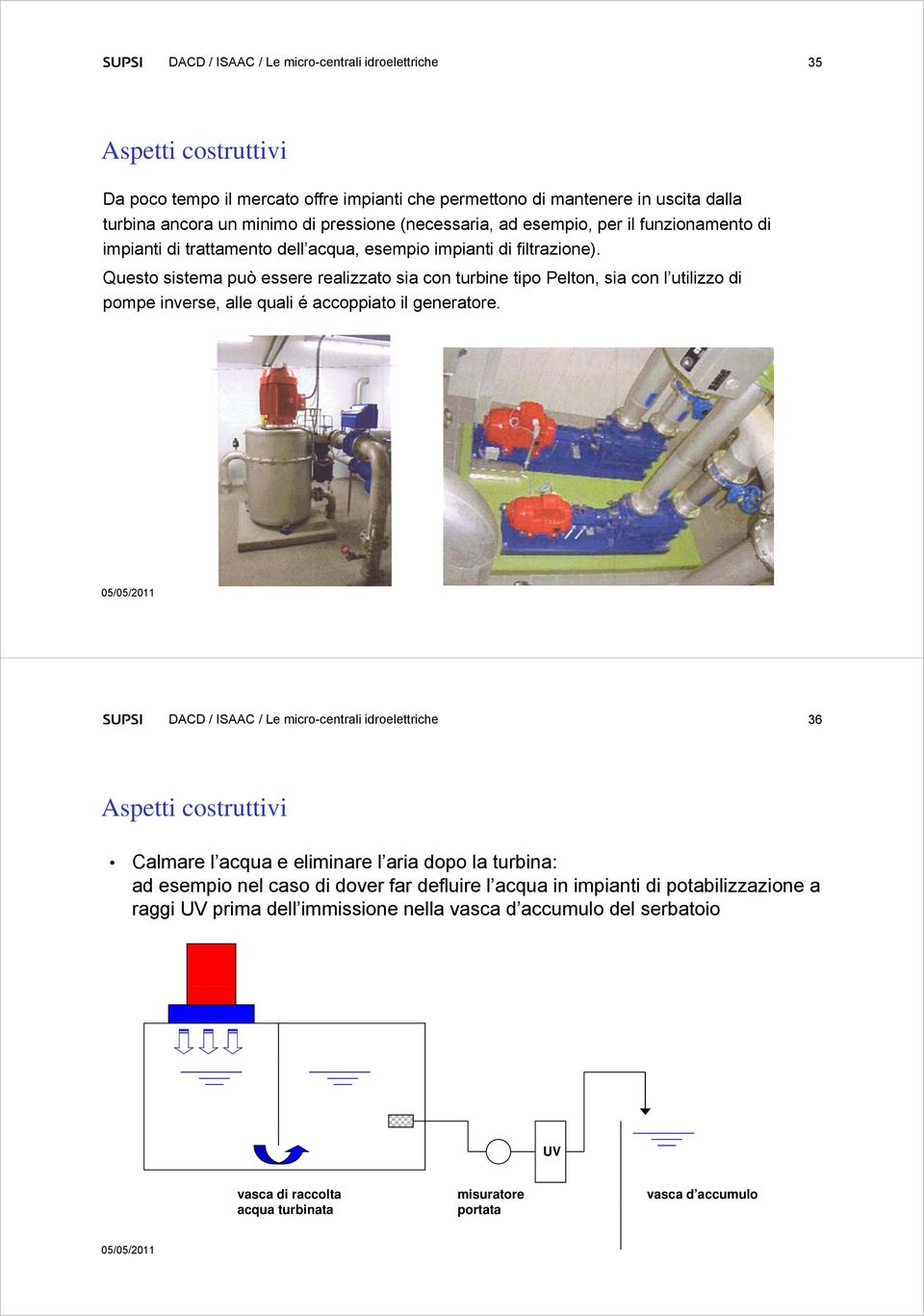 Questo sistema può essere realizzato sia con turbine tipo Pelton, sia con l utilizzo di pompe inverse, alle quali é accoppiato il generatore.