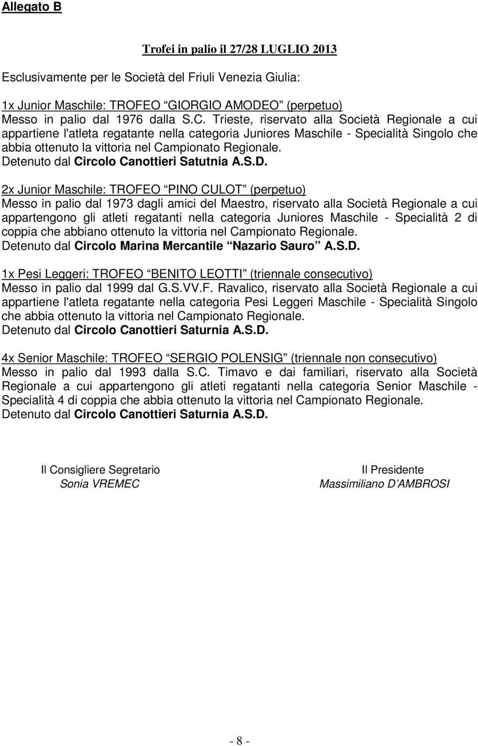 Detenuto dal Circolo Canottieri Satutnia A.S.D. 2x Junior Maschile: TROFEO PINO CULOT (perpetuo) Messo in palio dal 1973 dagli amici del Maestro, riservato alla Società Regionale a cui appartengono