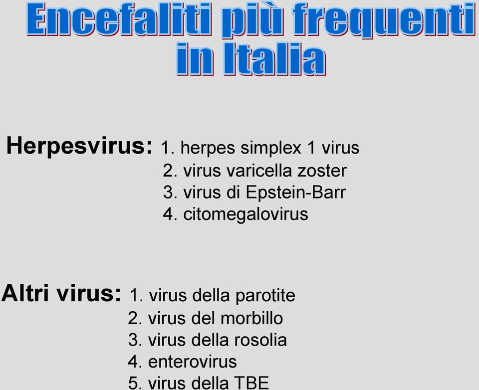 citomegalovirus Altri virus: 1. virus della parotite 2.