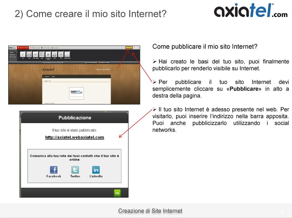 Per pubblicare il tuo sito Internet devi semplicemente cliccare su «Pubblicare» in alto a destra della pagina.