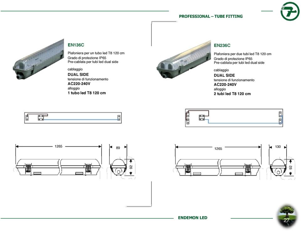 cm EN236C Plafoniera per due tubi led T8 120 cm Grado di protezione IP65 Pre-cablata per tubi led dual side