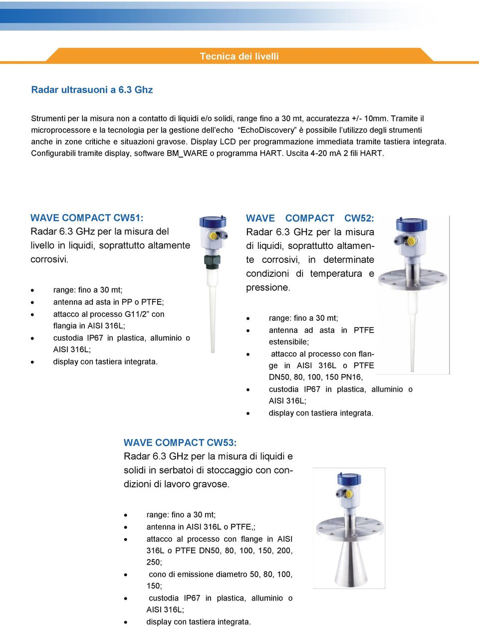 Display LCD per programmazione immediata tramite tastiera integrata. Configurabili tramite display, software BM_WARE o programma HART. Uscita 4-20 ma 2 fili HART. WAVE COMPACT CW51: Radar 6.
