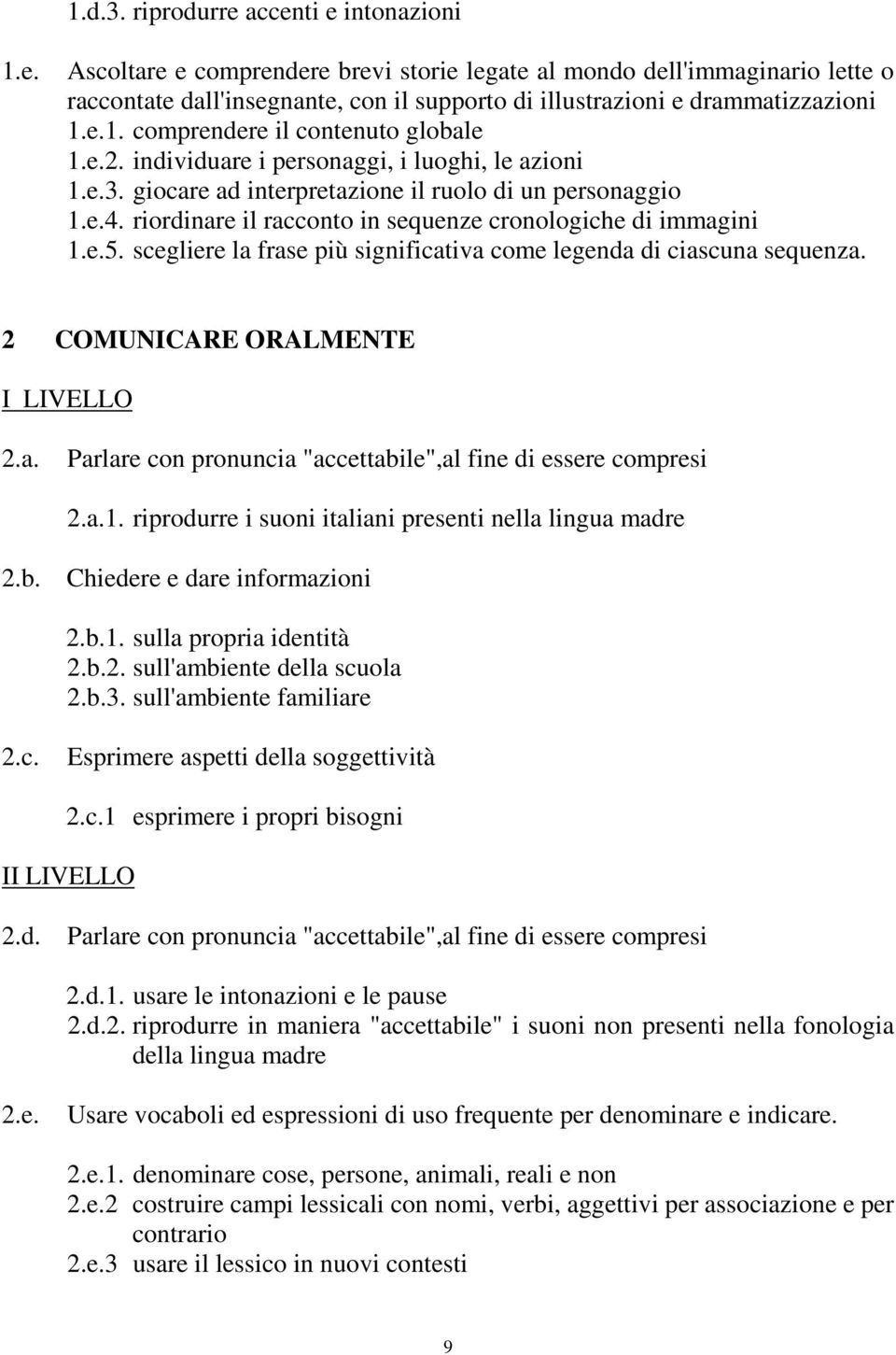 riordinare il racconto in sequenze cronologiche di immagini 1.e.5. scegliere la frase più significativa come legenda di ciascuna sequenza. 2 COMUNICARE ORALMENTE I LIVELLO 2.a. Parlare con pronuncia "accettabile",al fine di essere compresi 2.