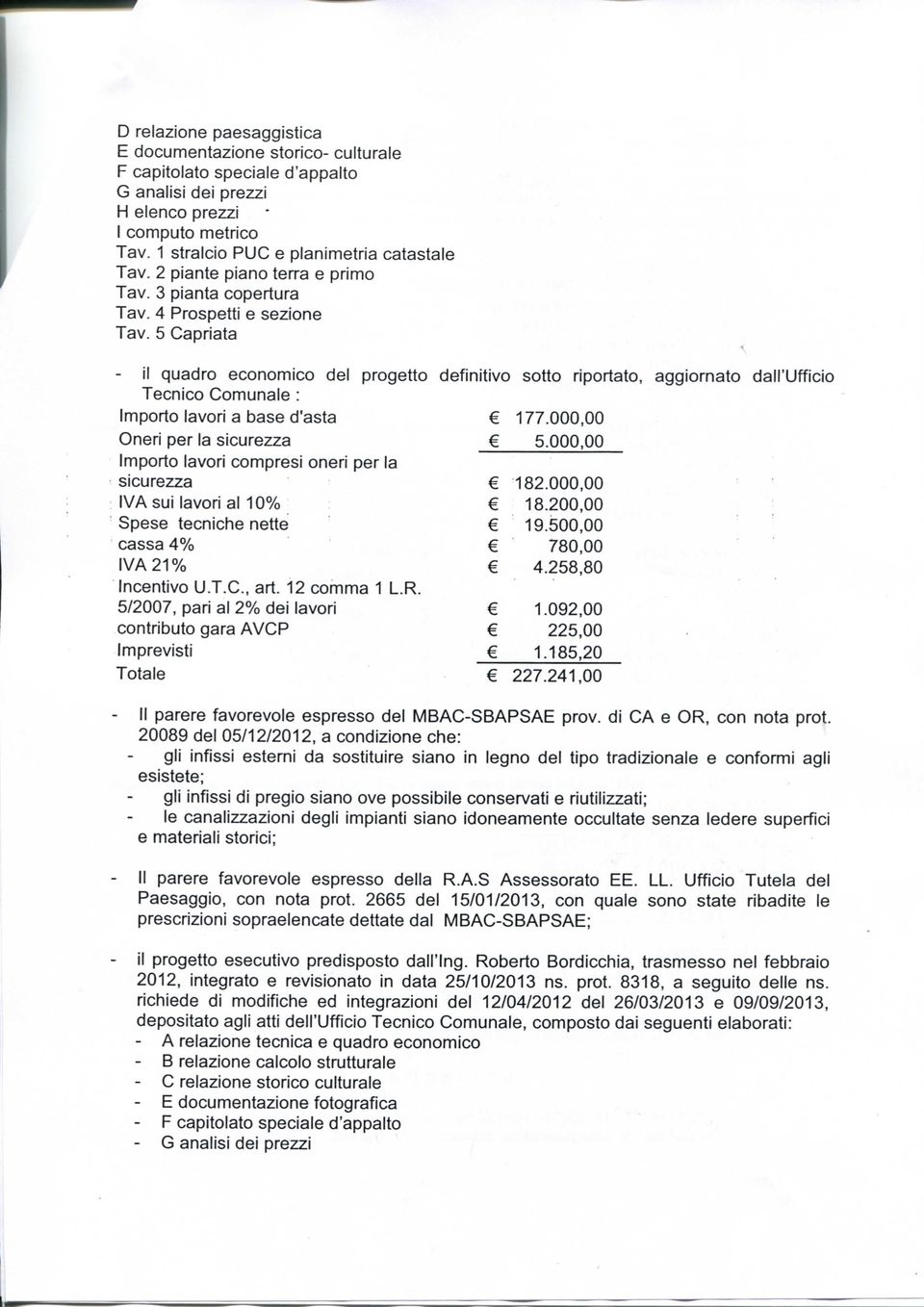 5 Capriata ^ - il quadro economico del progetto definitivo sotto riportato, aggiornato dall'ufficio Tecnico Comunale : Importo lavori a base d'asta 177.000,00 Oneri per la sicurezza 5.