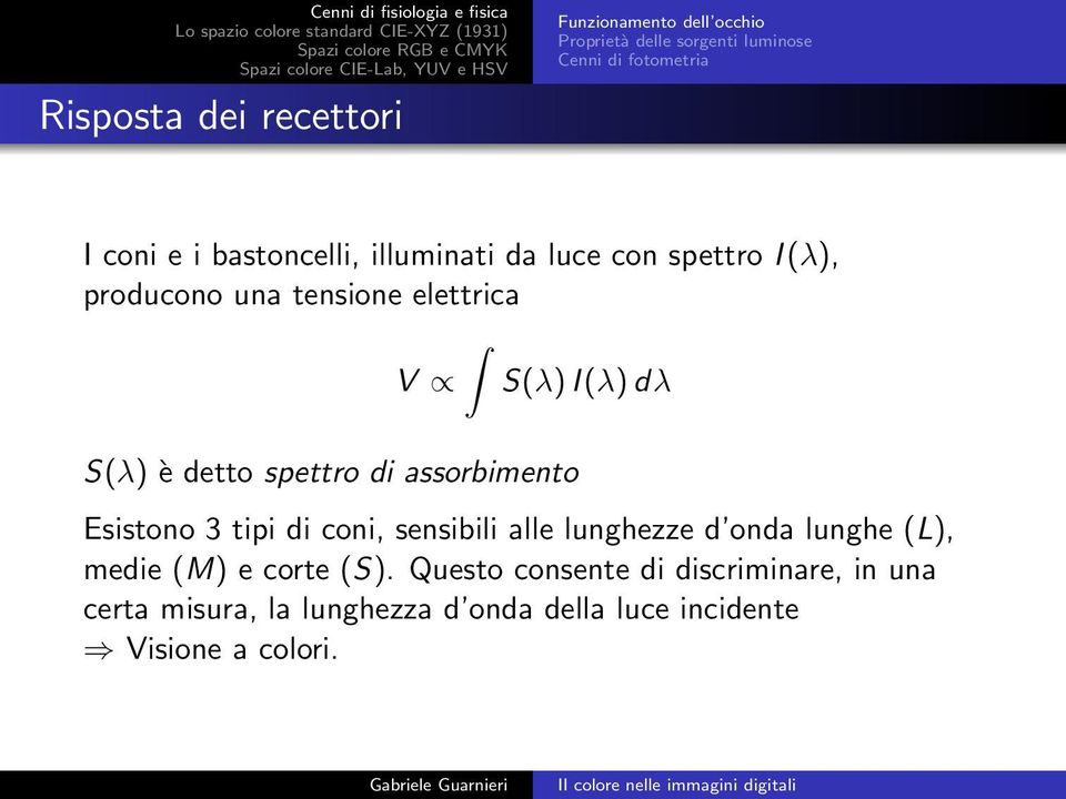 spettro di assorbimento Esistono 3 tipi di coni, sensibili alle lunghezze d onda lunghe (L), medie (M) e corte