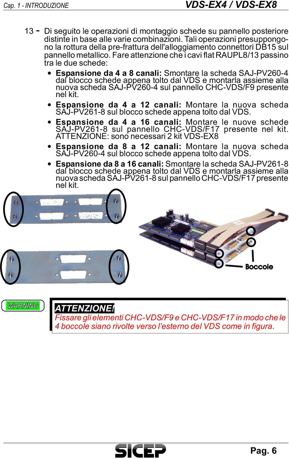 Fare at ten zio ne che i cavi flat RAUPL8/13 pas si no tra le due sche de: Espan sio ne da 4 a 8 cana li: Smon ta re la sche da SAJ-PV260-4 dal bloc co sche de appe na tol to dal VDS e mon tar la