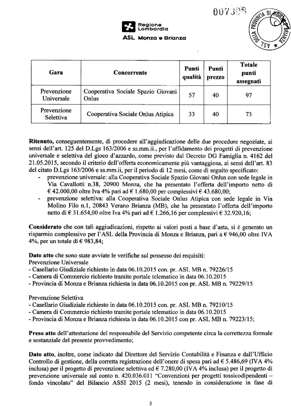 , per l'affidamento dei progetti di prevenzione universale e selettiva del gioco d'azzardo, come previsto dal Decreto DG Famiglia n. 4162 del 21.05.