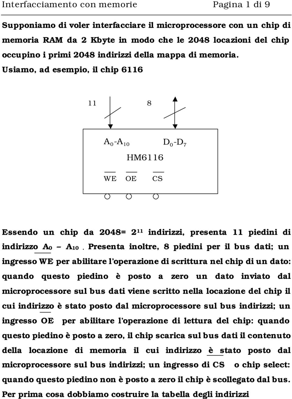 Presenta inoltre, 8 piedini per il bus dati; un ingresso WE per abilitare l operazione di scrittura nel chip di un dato: quando questo piedino è posto a zero un dato inviato dal microprocessore sul