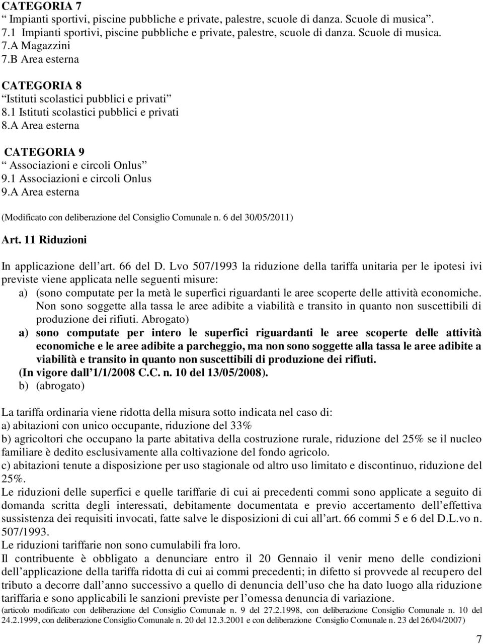 A Area esterna CATEGORIA 9 Associazioni e circoli Onlus 9.1 Associazioni e circoli Onlus 9.A Area esterna (Modificato con deliberazione del Consiglio Comunale n. 6 del 30/05/2011) Art.