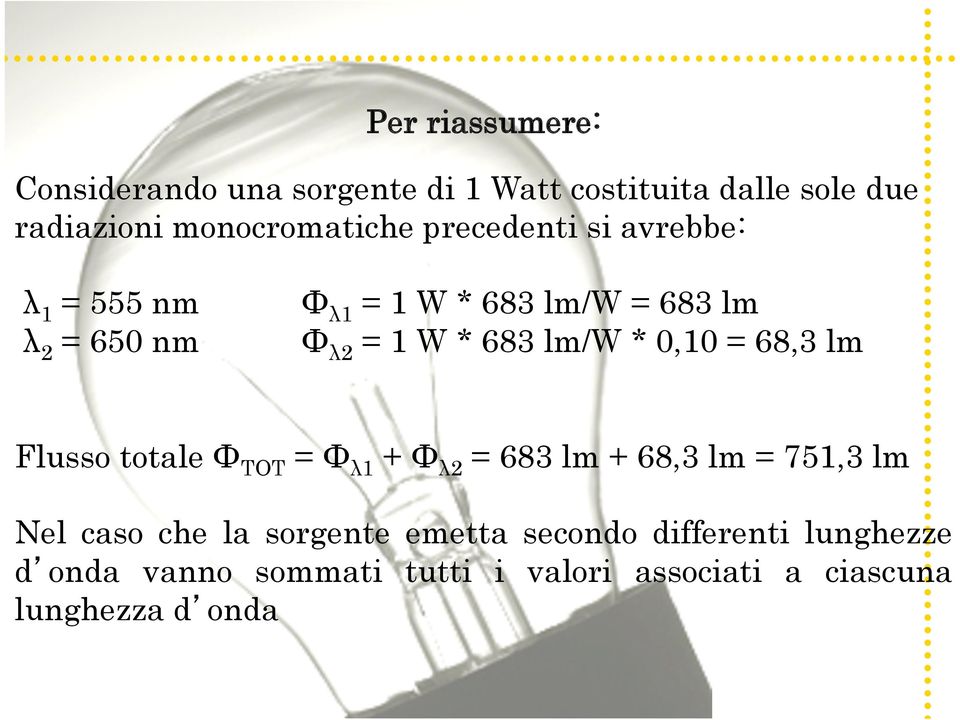 0,10 = 68,3 lm Flusso totale Ф TOT = Ф λ1 + Ф λ2 = 683 lm + 68,3 lm = 751,3 lm Nel caso che la sorgente