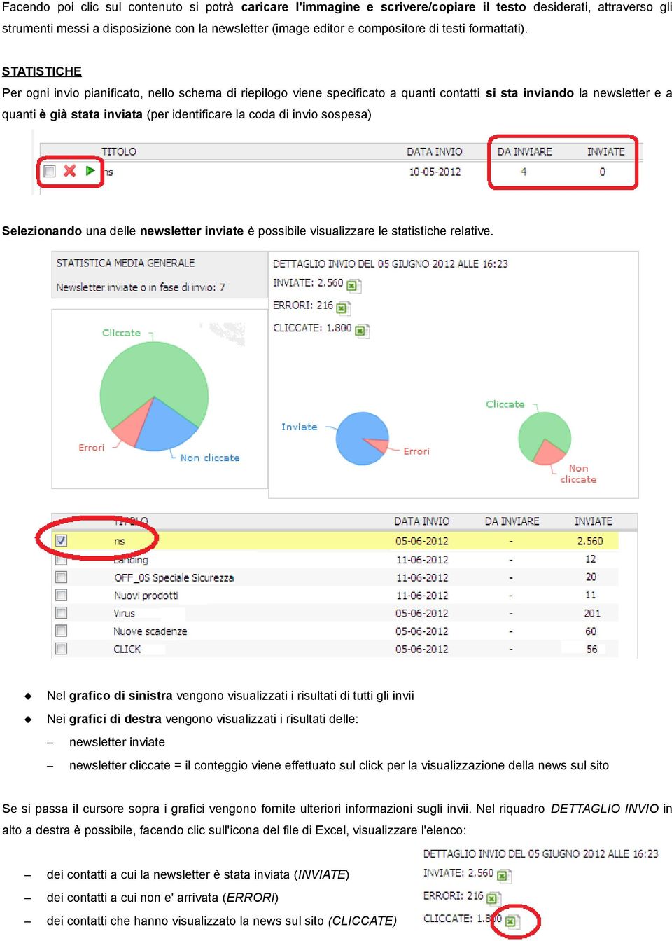 STATISTICHE Per ogni invio pianificato, nello schema di riepilogo viene specificato a quanti contatti si sta inviando la newsletter e a quanti è già stata inviata (per identificare la coda di invio