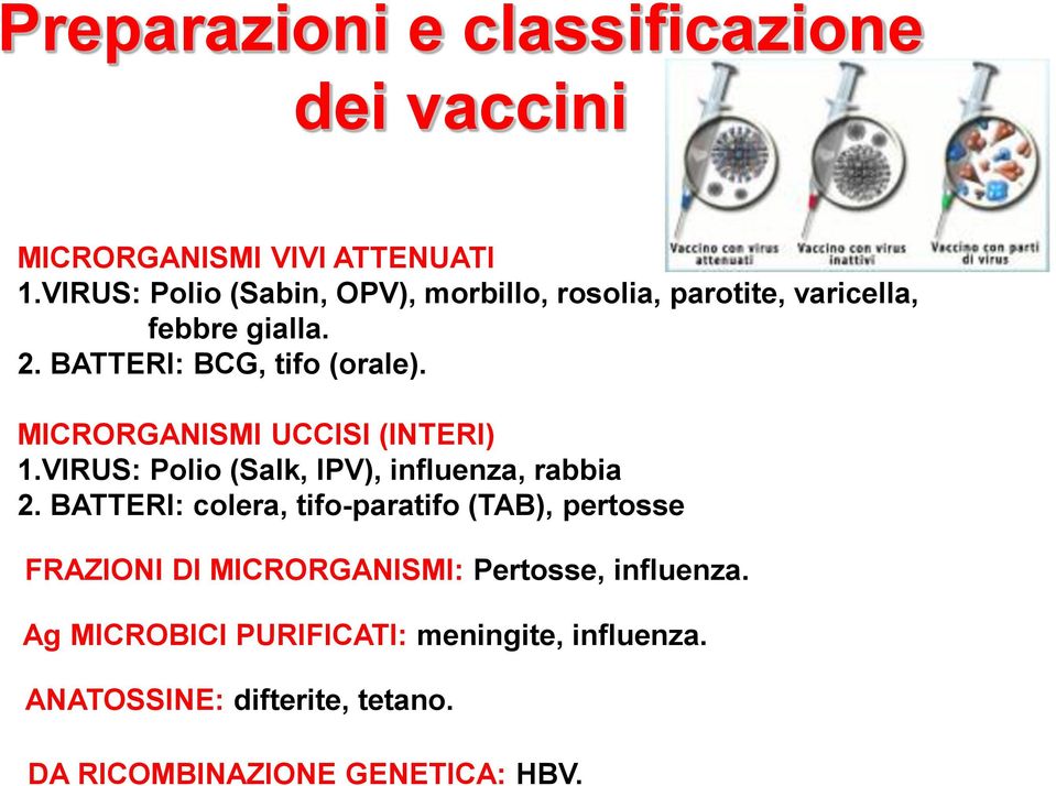 MICRORGANISMI UCCISI (INTERI) 1.VIRUS: Polio (Salk, IPV), influenza, rabbia 2.