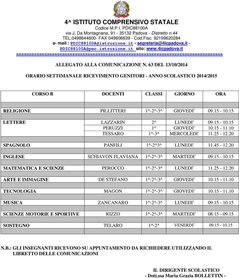 15 MATEMATICA E SCIENZE PEROCCO 1^-2^-3^ LUNEDI 11.25-12.20 ARTE E IMMAGINE DE STEFANO 1^-2^-3^ GIOVEDI 10.15-11.