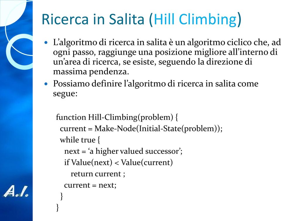 Possiamo definire l algoritmo di ricerca in salita come segue: function Hill-Climbing(problem) { current =