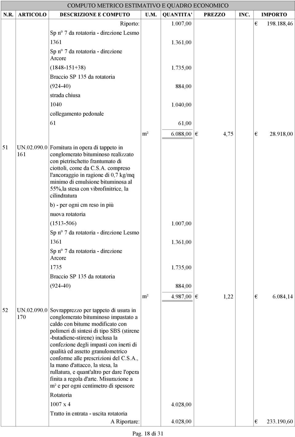 040,00 collegamento pedonale 61 61,00 Fornitura in opera di tappeto in conglomerato bituminoso realizzato con pietrischetto frantumato di ciottoli, come da C.S.A.