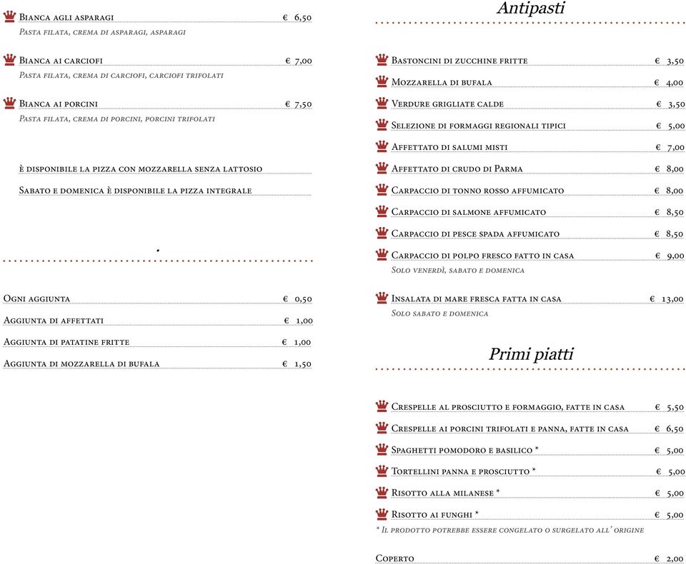 disponibile la pizza con mozzarella senza lattosio Sabato e domenica è disponibile la pizza integrale Affettato di crudo di Parma 8,00 Carpaccio di tonno rosso affumicato 8,00 Carpaccio di salmone